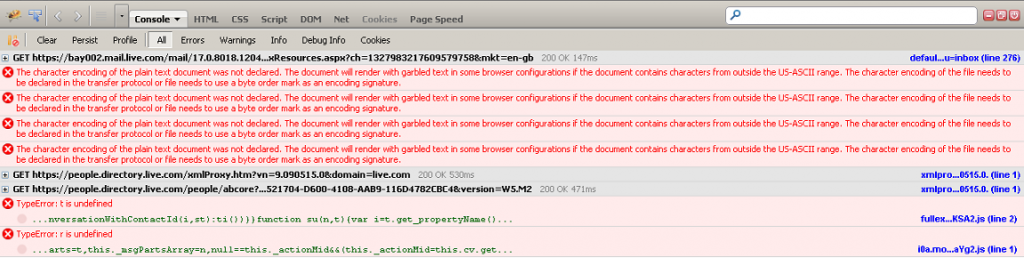 Firebug Outlook console errors