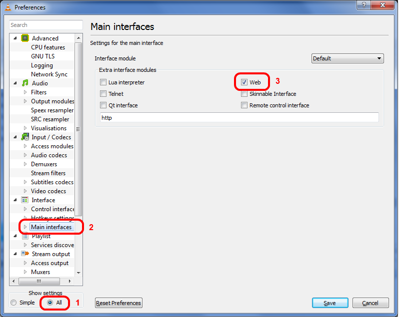 Show All settings, click on Main Interfaces then select Web